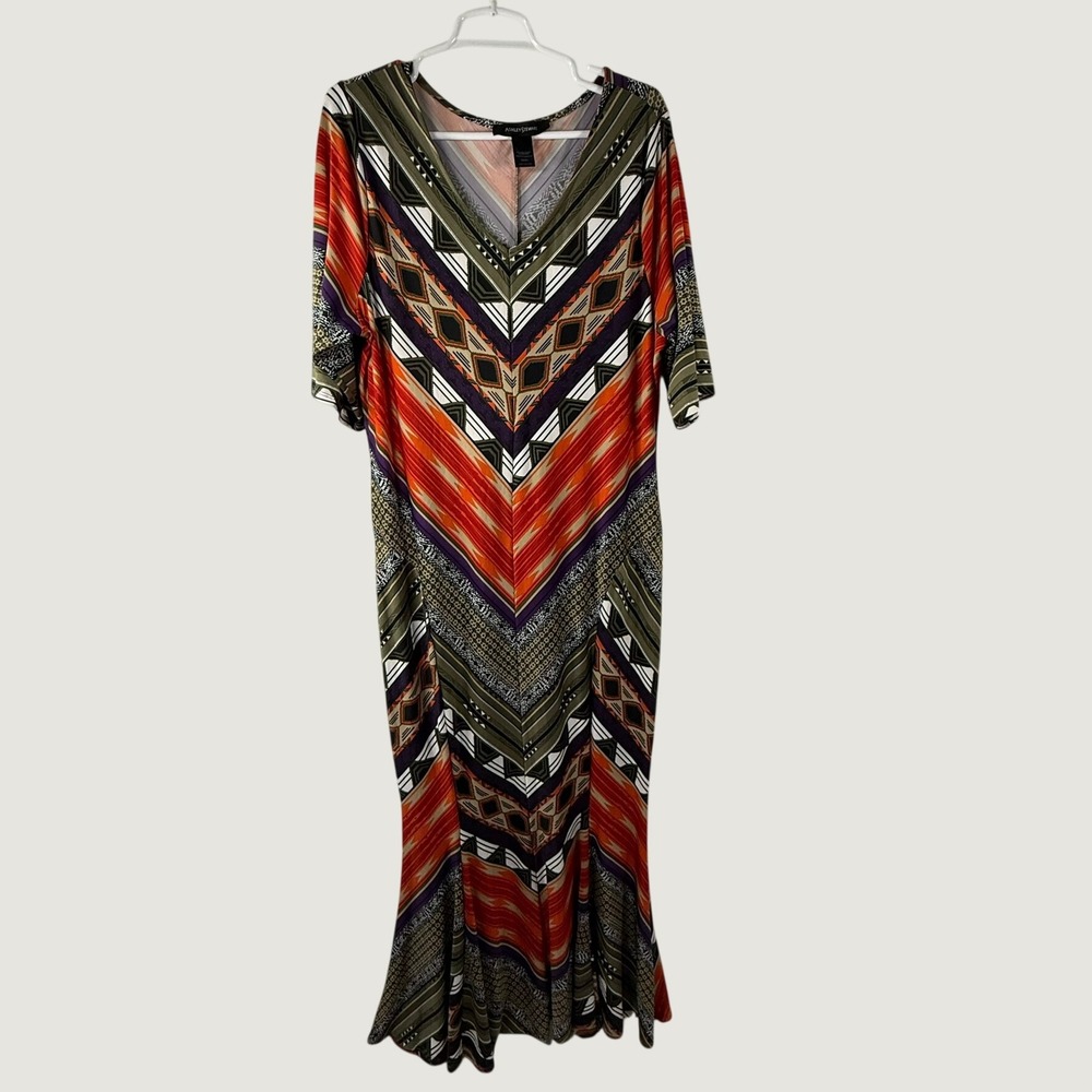Ashley Stewart Geometric Chevron V-Neck Maxi Dress Orange Olive Plus Size 18/20